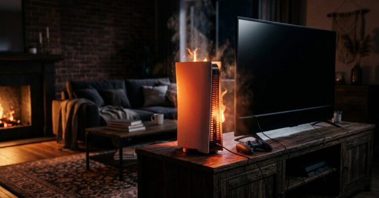 PlayStation 5 sobrecalentándose con llamas junto al televisor en un salón