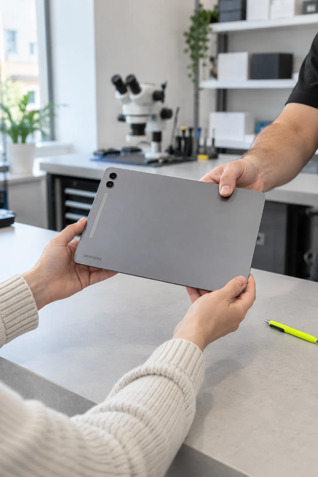 Un técnico devuelve una Galaxy Tab S10+ reparada por encima del mostrador