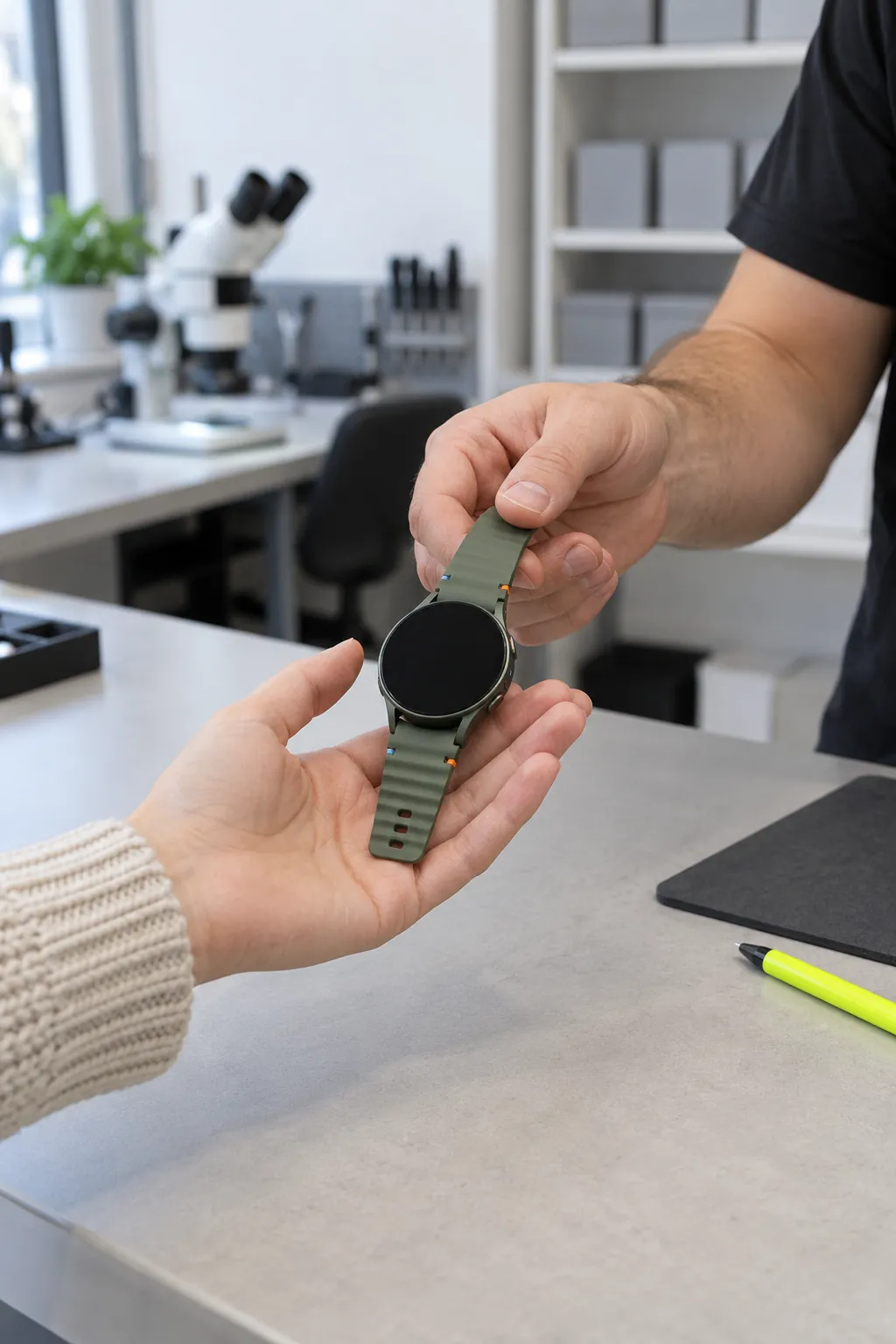 Un técnico devuelve un Galaxy Watch7 reparado por encima del mostrador