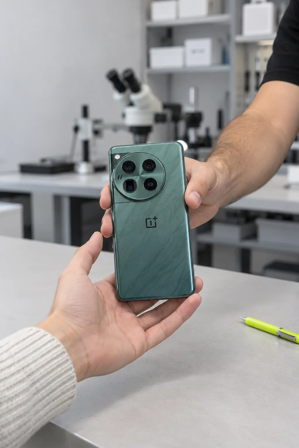 Un técnico devuelve un OnePlus 12 reparado por encima del mostrador