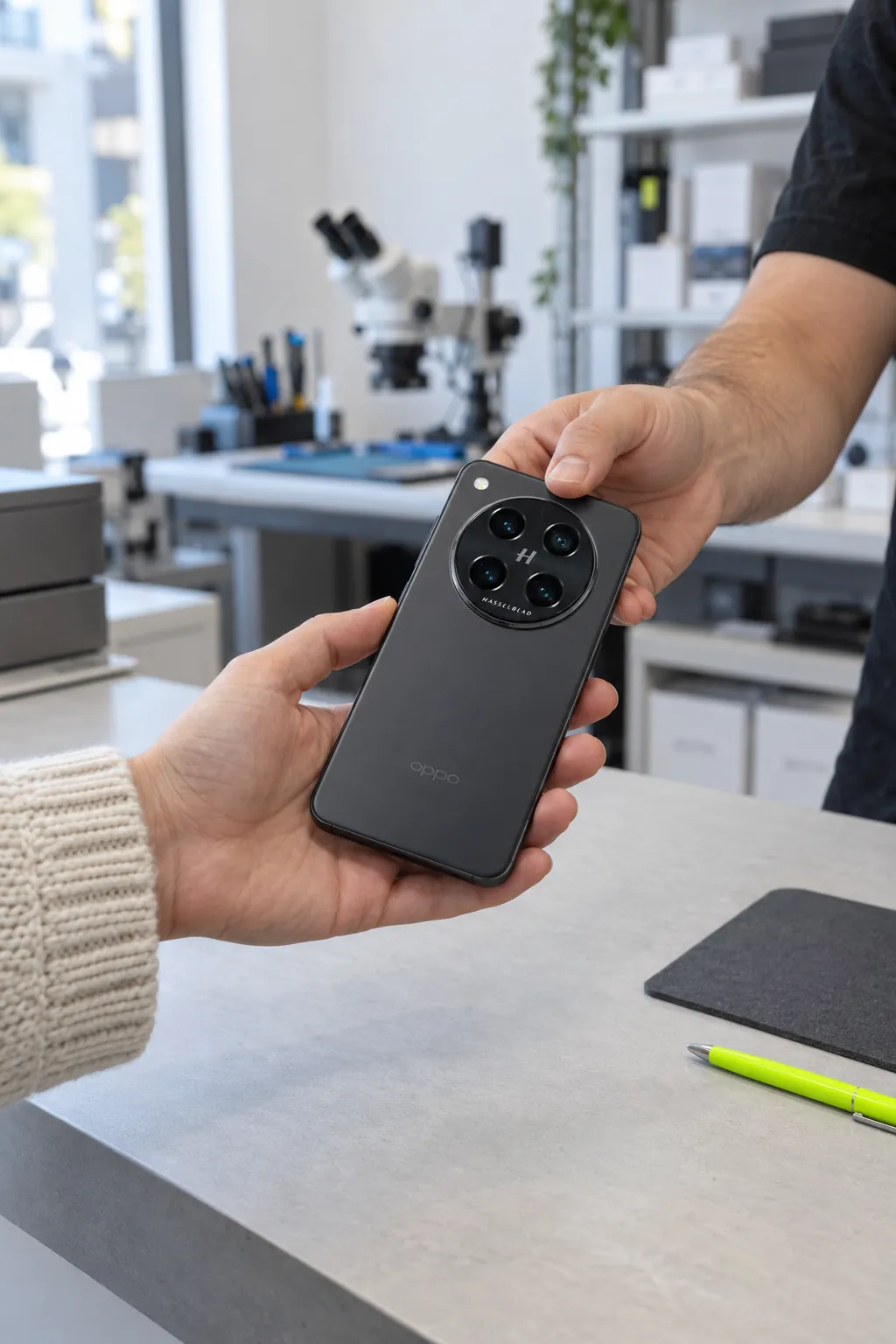Un técnico devuelve un OPPO Find X8 Pro reparado por encima del mostrador