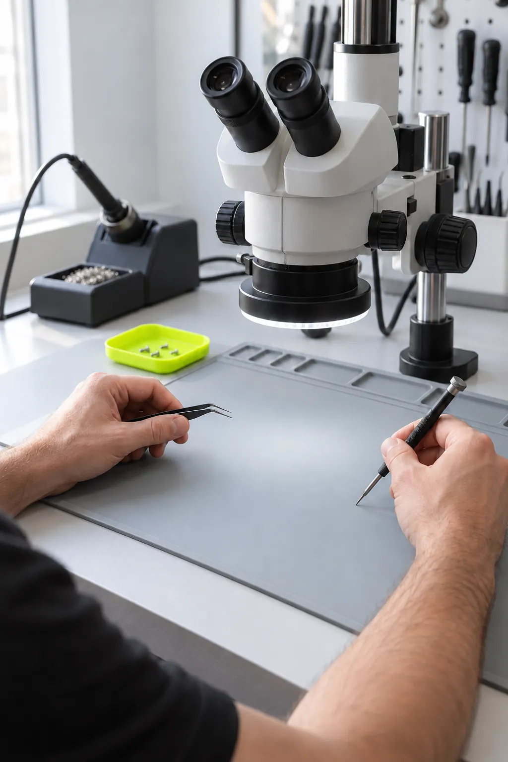 Manos de un técnico con pinzas y destornillador de precisión ante el microscopio del banco de reparación