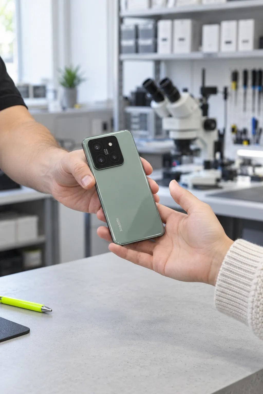 Un técnico devuelve un Xiaomi 14 reparado por encima del mostrador