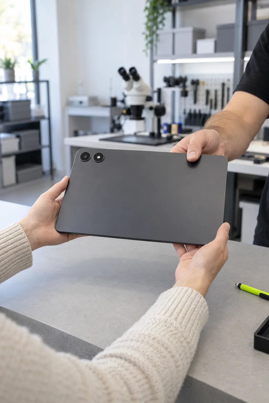 Un técnico devuelve una Redmi Pad Pro reparada por encima del mostrador