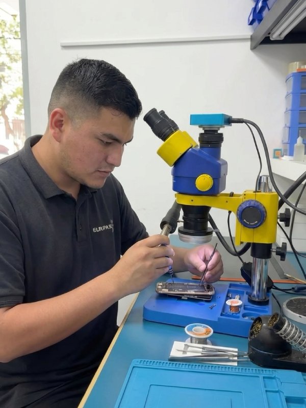 Técnico de Europa 3G trabajando en el taller con un microscopio
