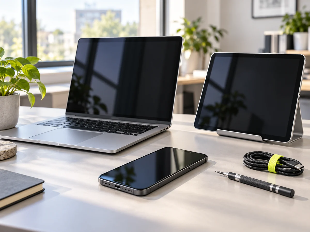 Portátil, tablet y móvil sobre una mesa de trabajo luminosa, con herramientas de mantenimiento